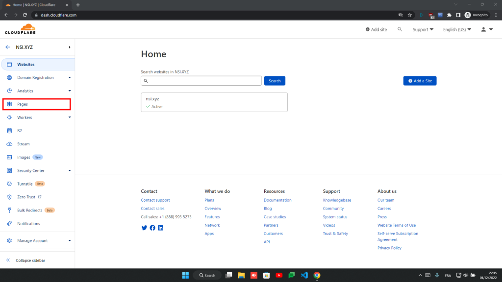 Page d'accueil du tableau de bord Cloudflare