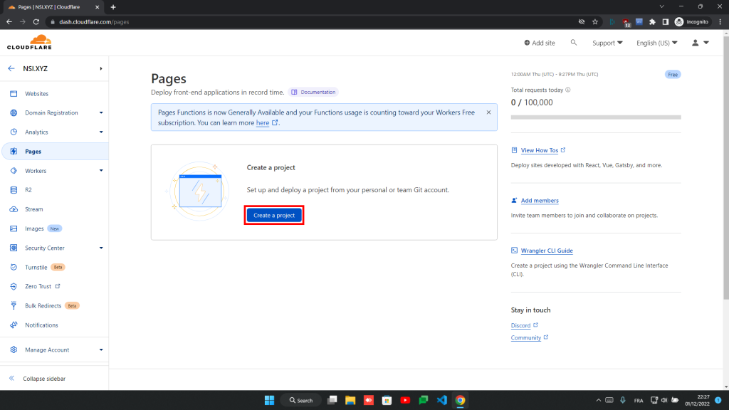 Onglet Pages du tableau de bord Cloudflare
