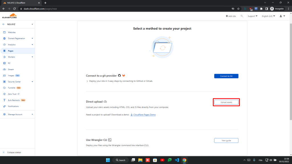 Page de sélection d'importation de site Cloudflare Pages