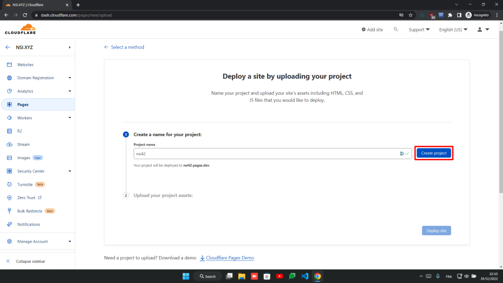 Choix du nom et création du projet Cloudflare Pages