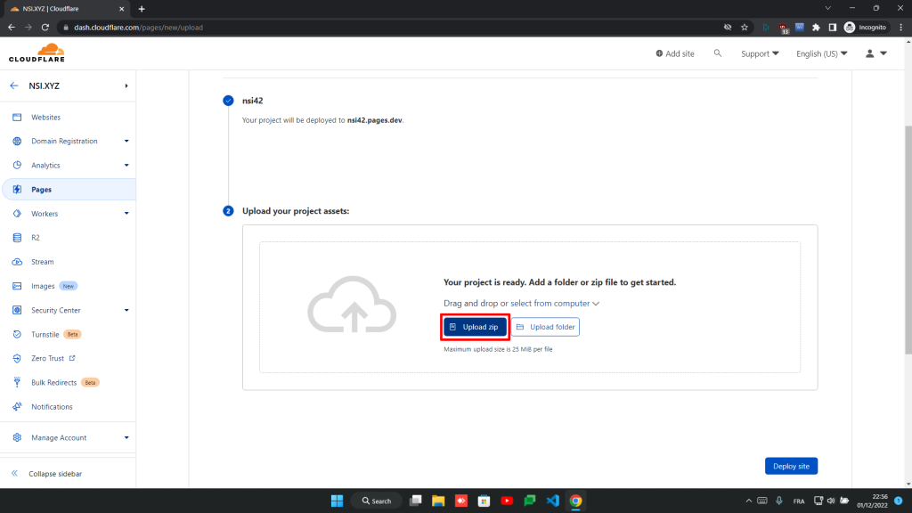 Téléversement de fichiers sur Cloudflare Pages